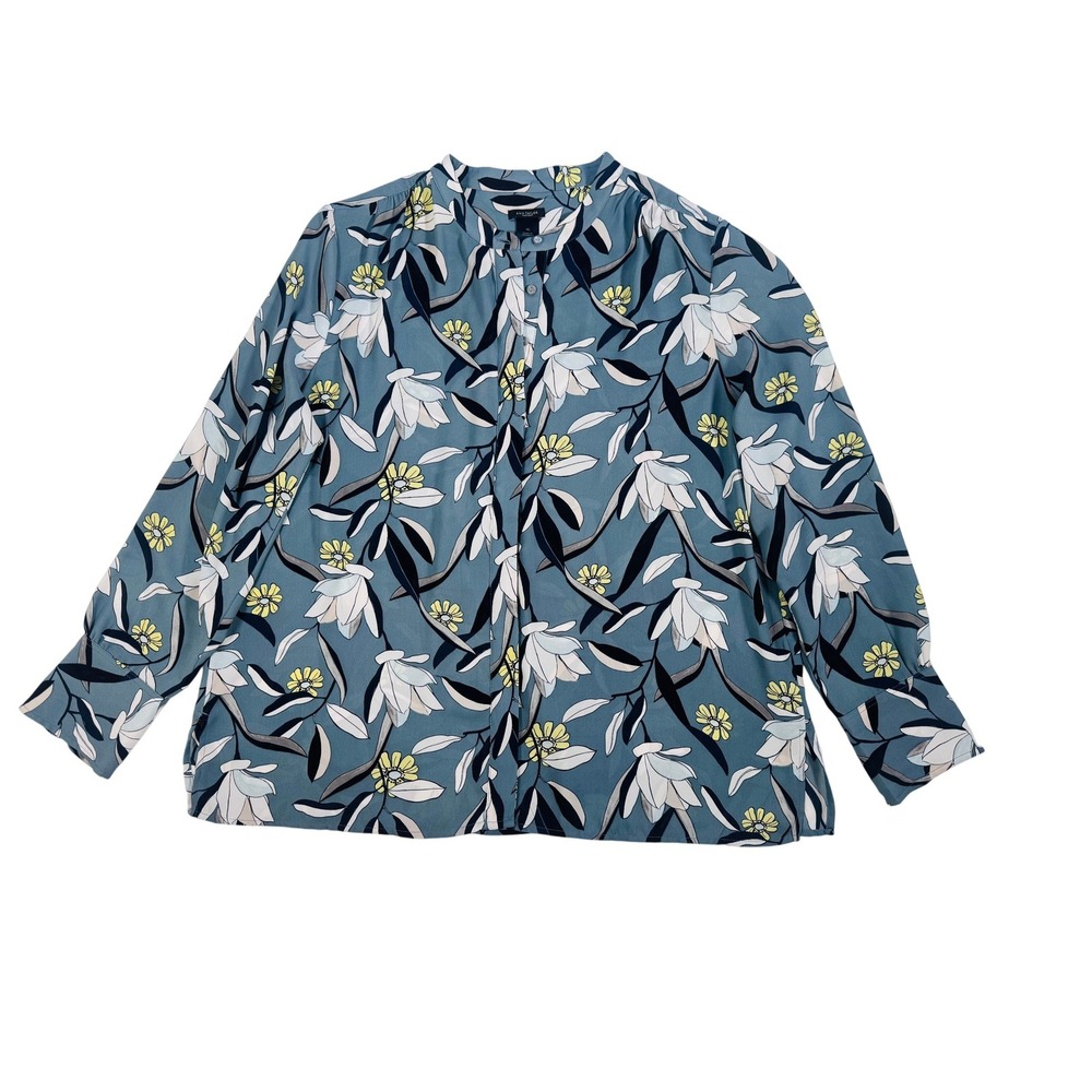 Ann Taylor Factory Blue Floral Button Up Blouse Band Collar Long Sleeve XL‎